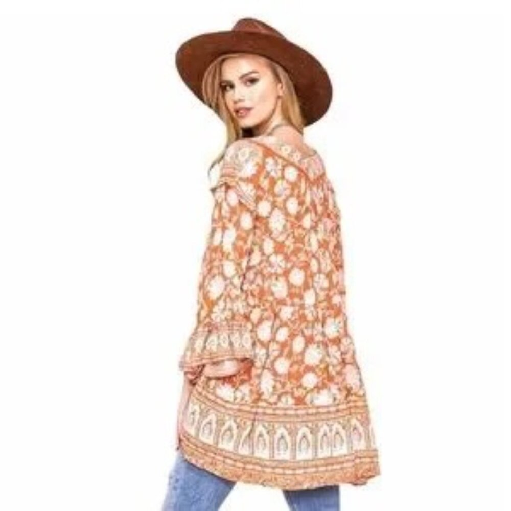 Free People Flowy Orange and White Print Top